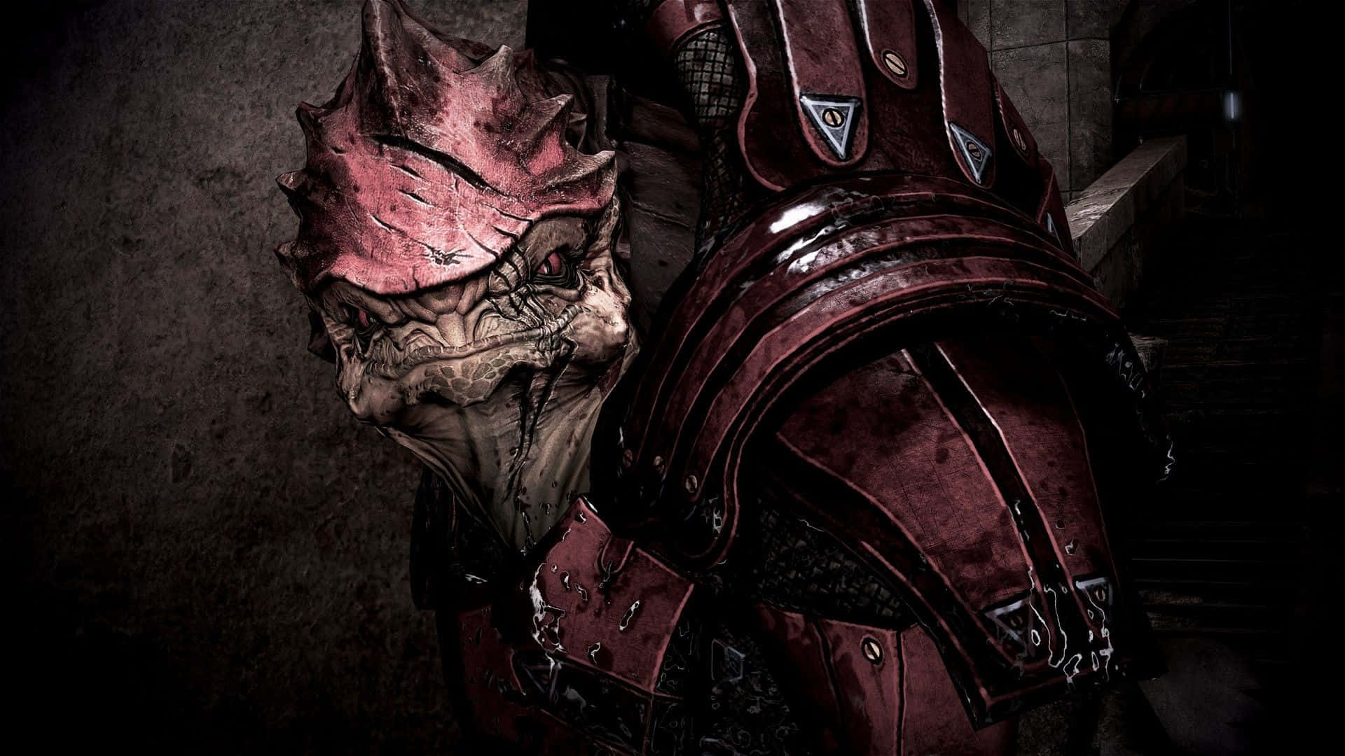 Urdnot Wrex, spiked red helmet, glowing eyes, Full HD Desktop Wallpaper