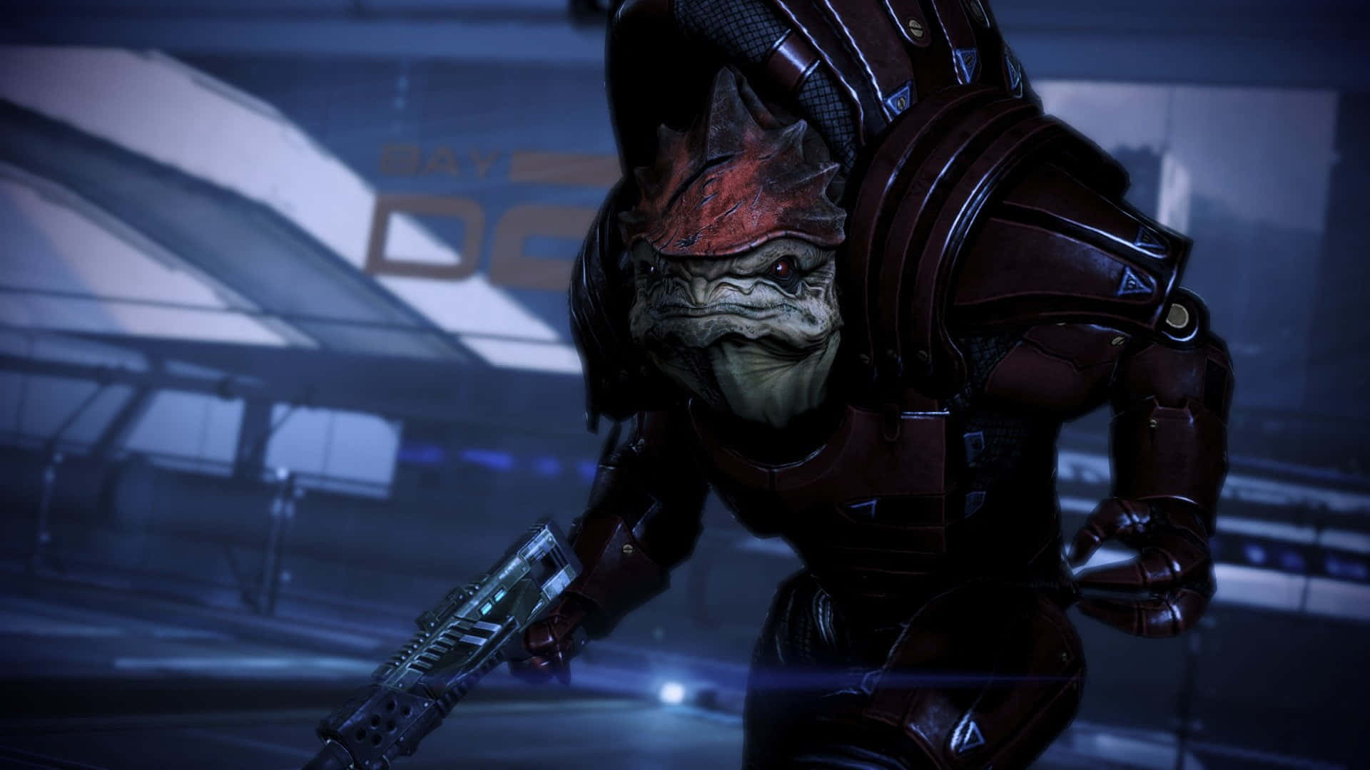 Urdnot Wrex, reptilian alien warrior, dark armor, Full HD Desktop Wallpaper