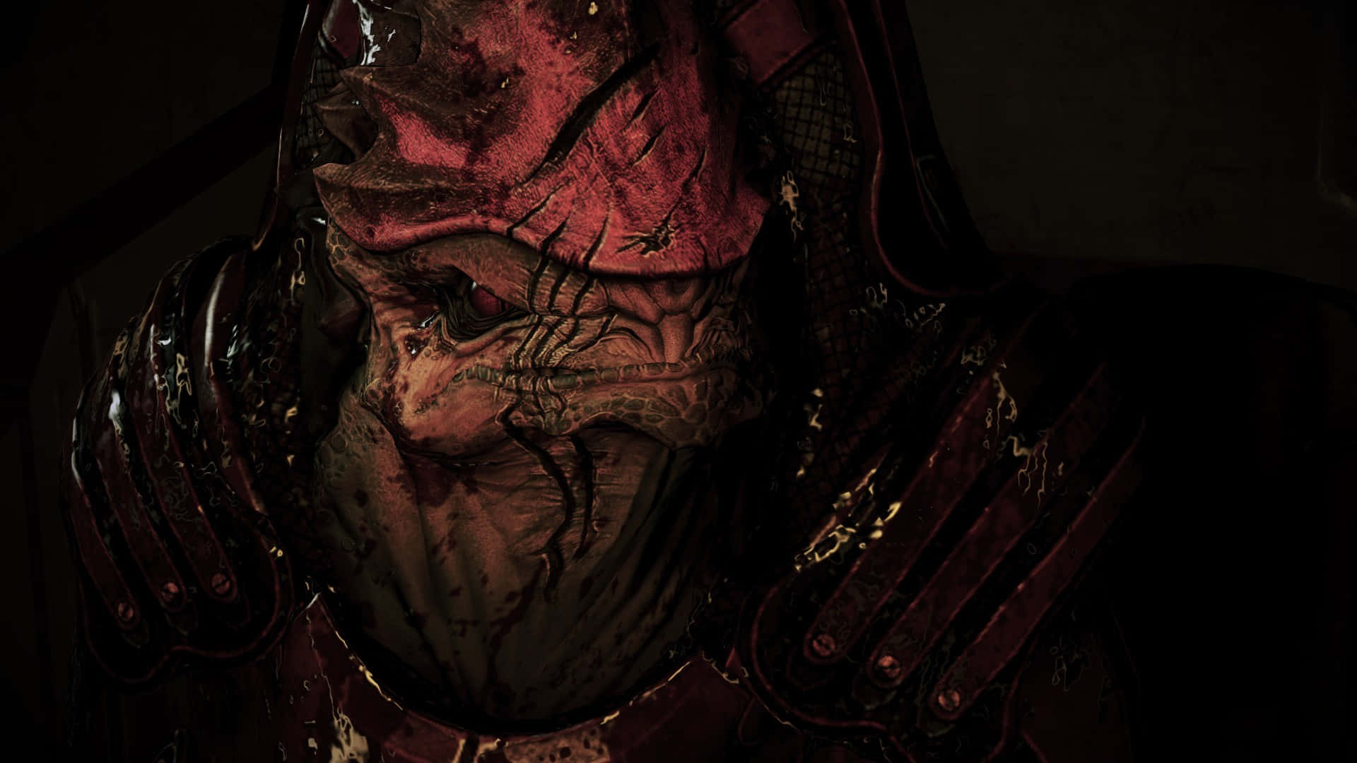 Urdnot Wrex, cracked red skull mask, grotesque armored warrior, Full HD Desktop Wallpaper