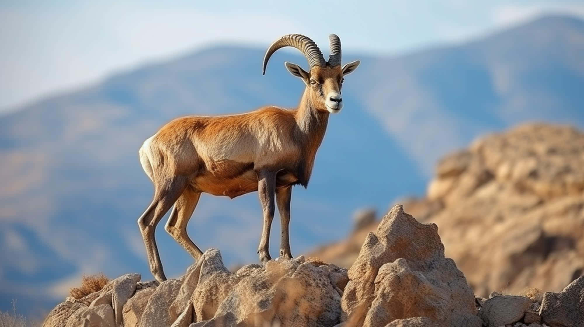 Urial, rugged rocks, hazy mountain backdrop, Full HD Desktop Wallpaper