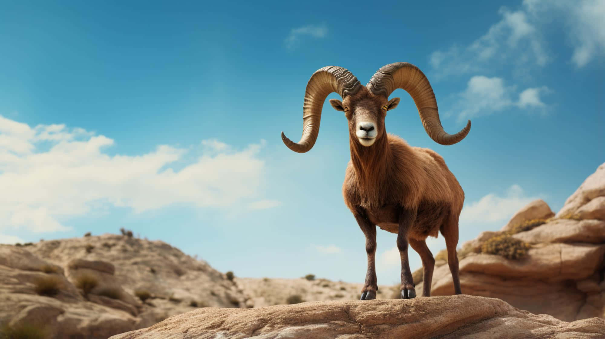 Urial, rocky outcrop, sunlit, Full HD Desktop Wallpaper