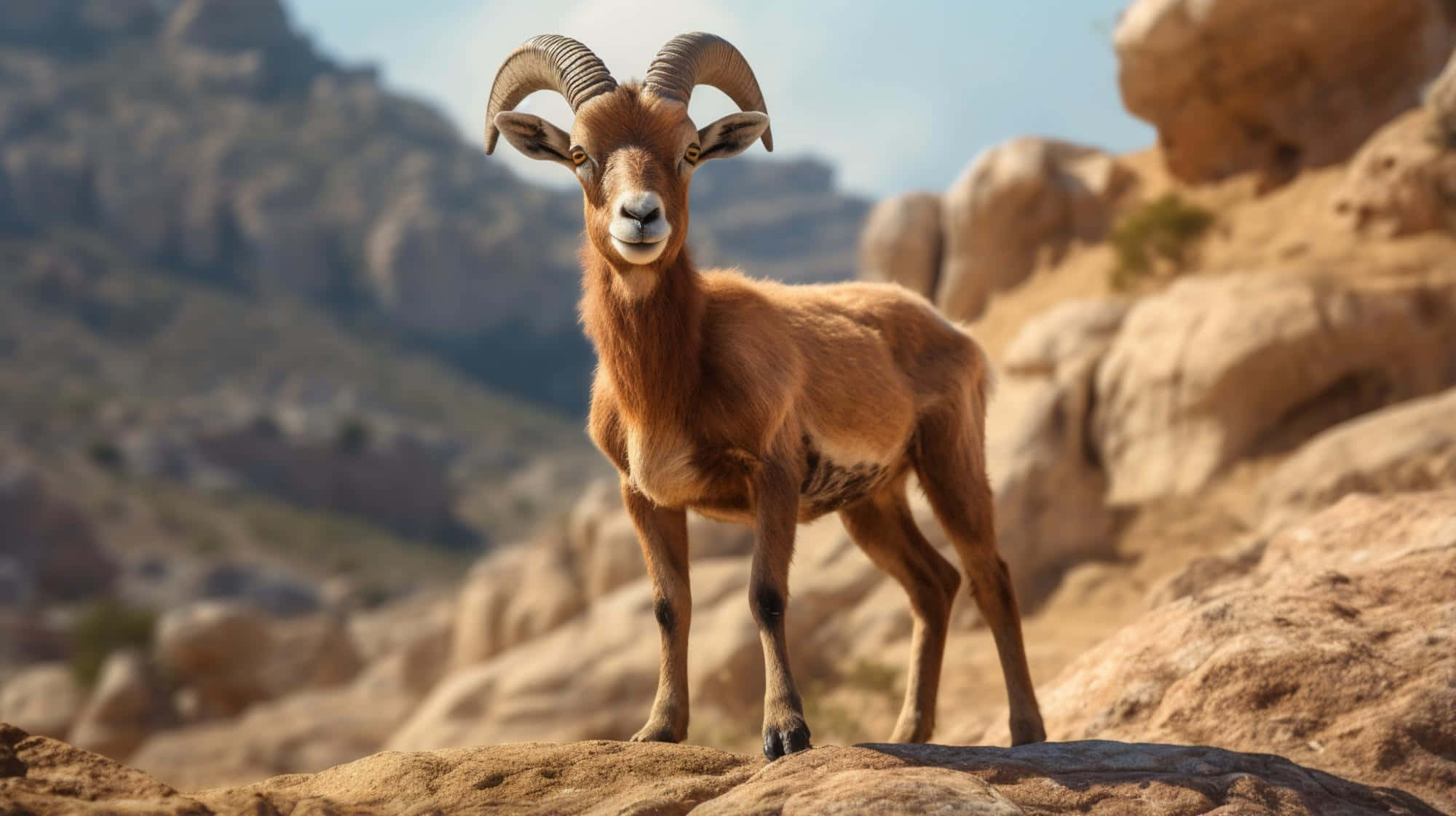 Urial, rocky terrain, sunlit, Full HD Desktop Wallpaper