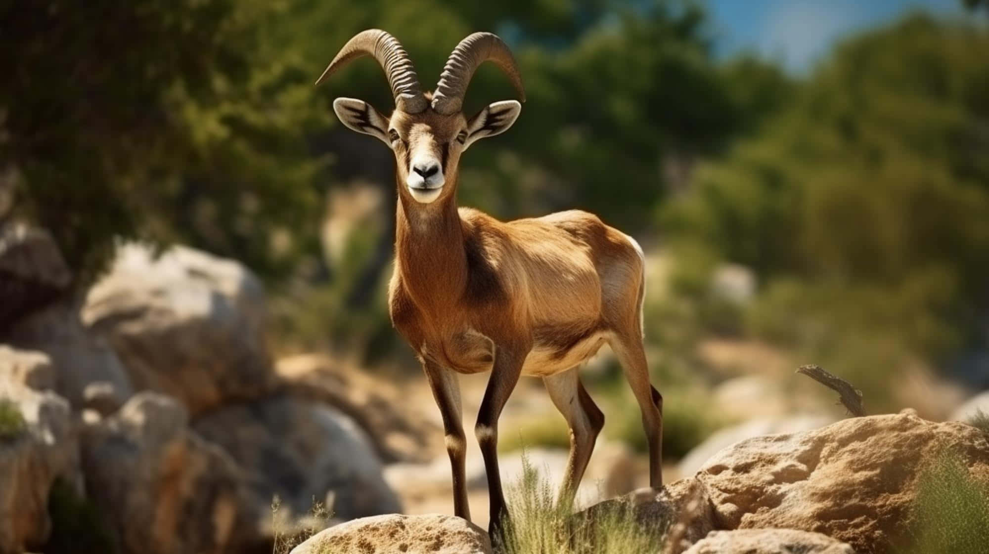 Urial, sunlit rocks, green trees, Full HD Desktop Wallpaper