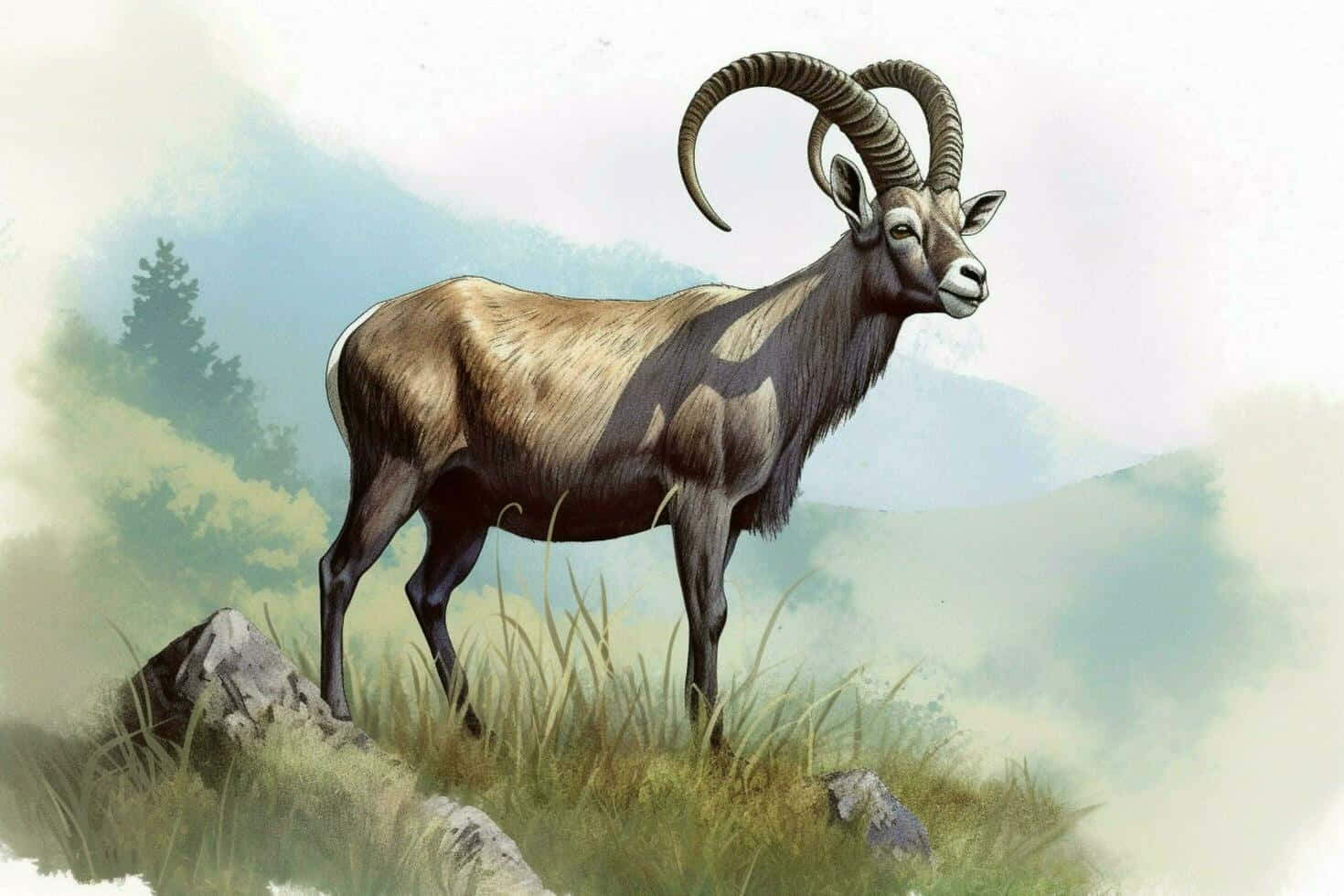 Urial, grassy hillside, misty mountains, HD Desktop Wallpaper
