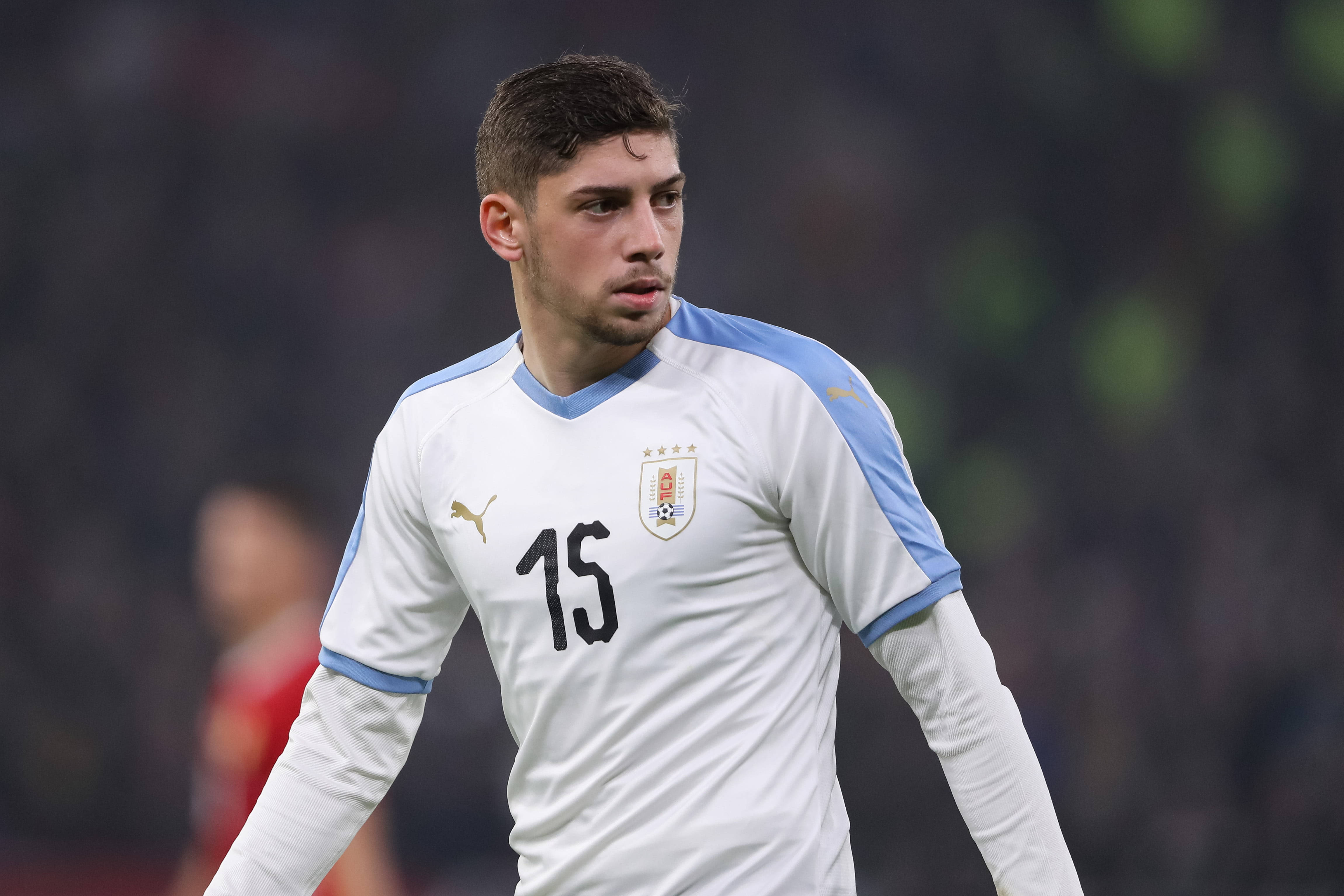 Uruguay National Football Team, midfielder, white and light blue jersey, 4K Desktop Wallpaper