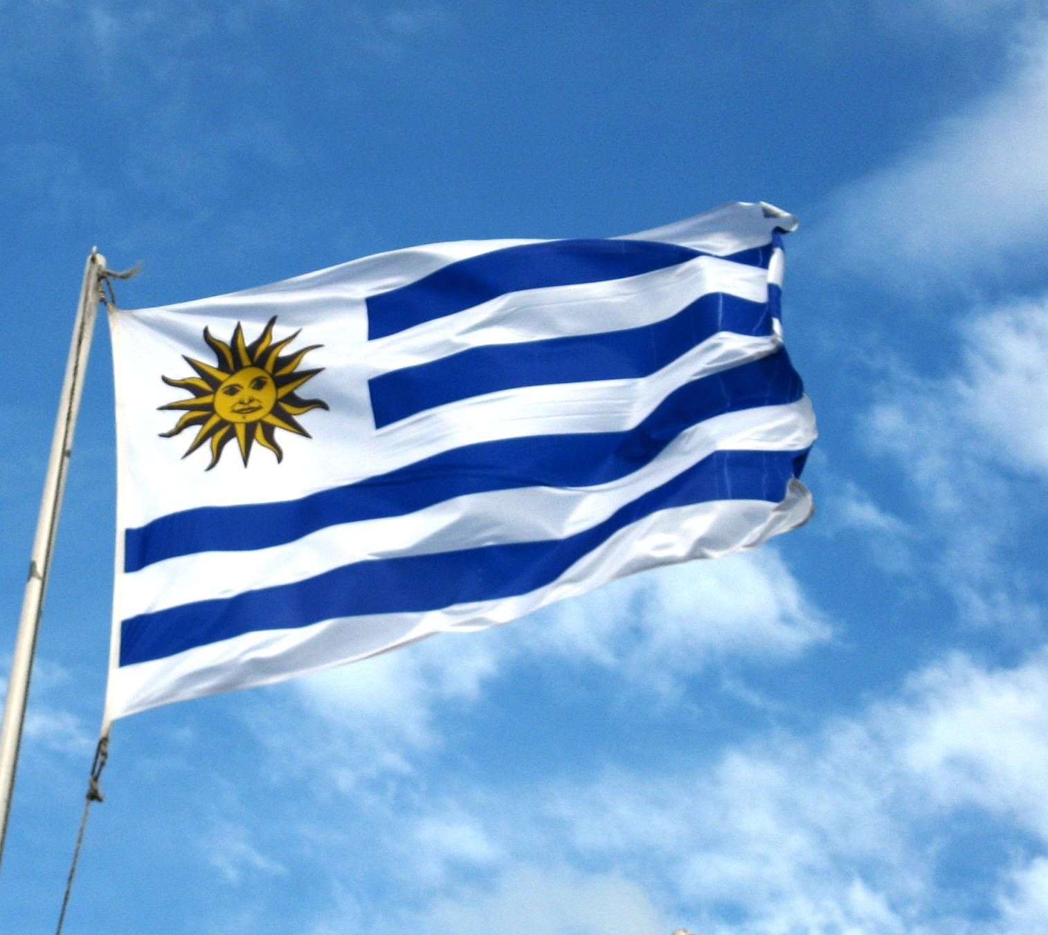 Uruguay flag, blue and white stripes, golden sun emblem, HD Desktop Wallpaper
