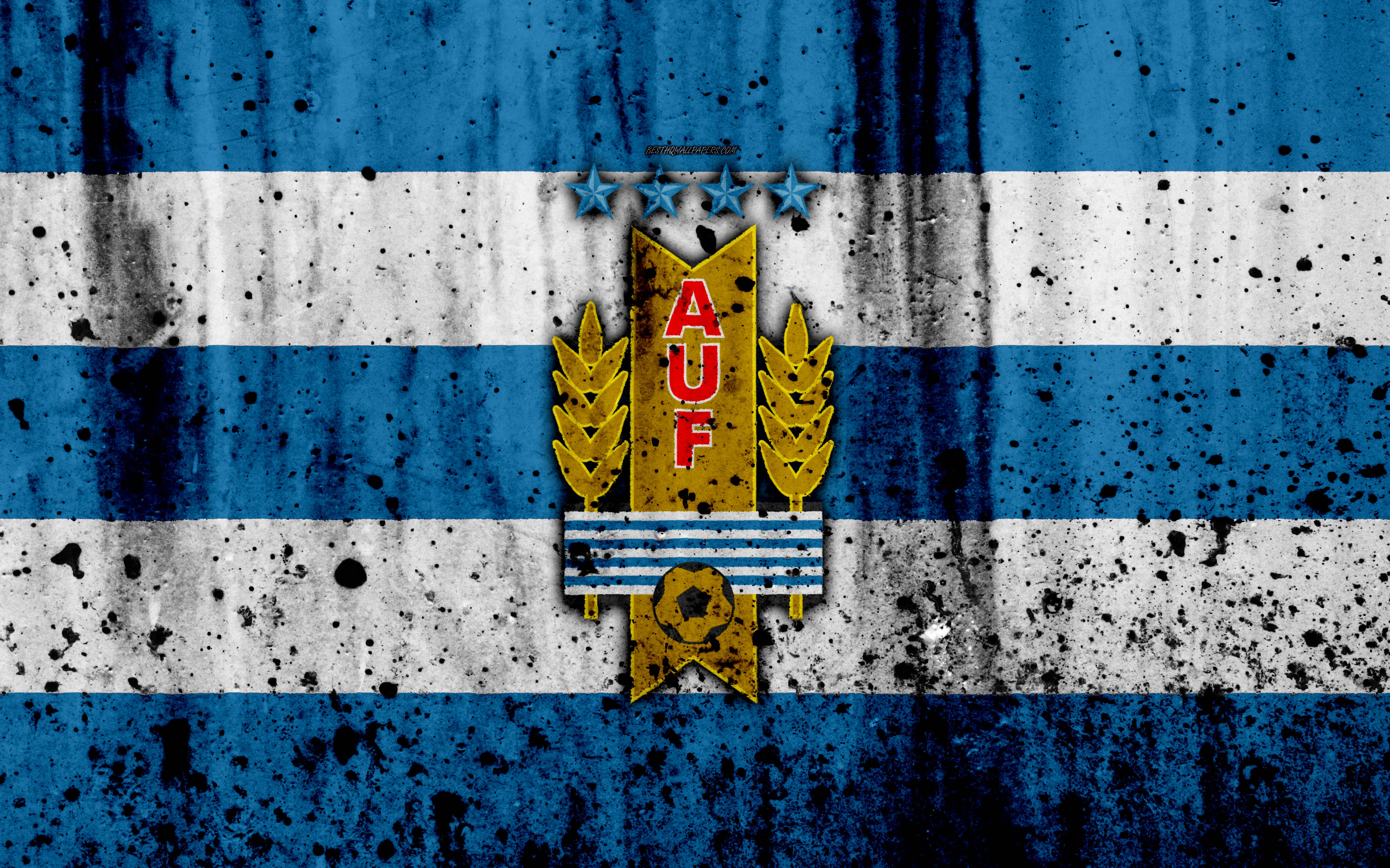 Uruguay, blue and white striped flag, golden emblem, 4K Desktop Wallpaper