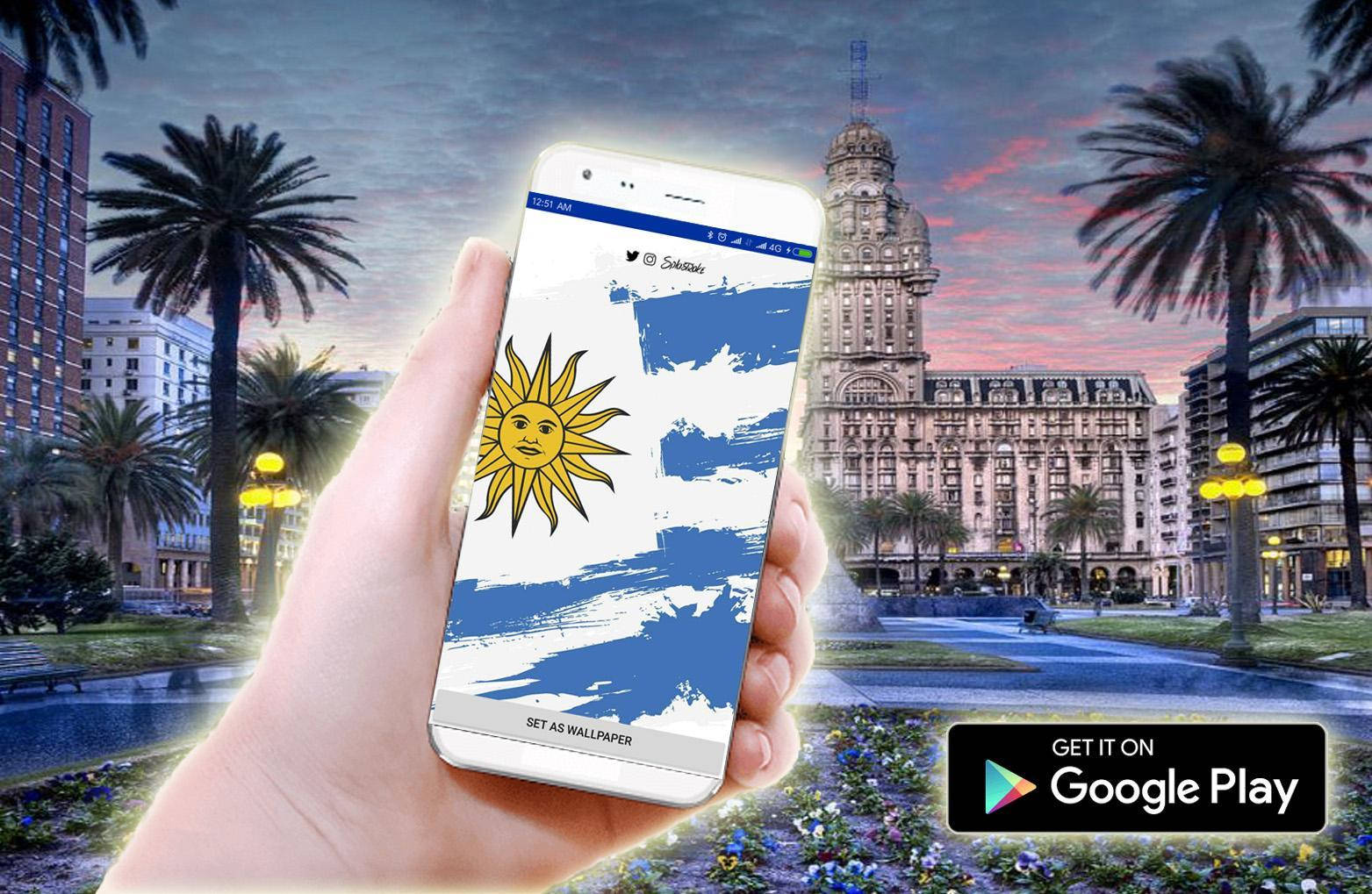 Uruguay flag, twilight cityscape, palm trees, HD Desktop Wallpaper