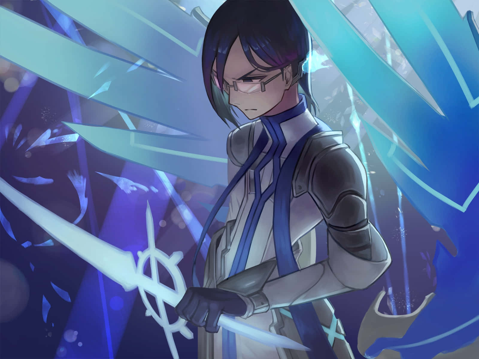 Uryu Ishida, glowing sword, shattered blue crystal shards, HD Desktop Wallpaper