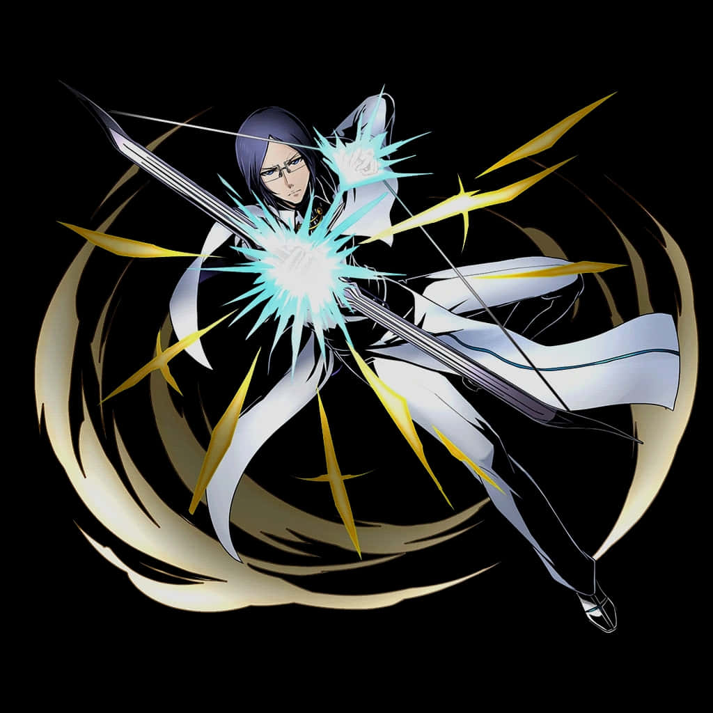 Uryu Ishida, white and black armor, glowing blue and yellow energy bursts, SD Desktop Wallpaper
