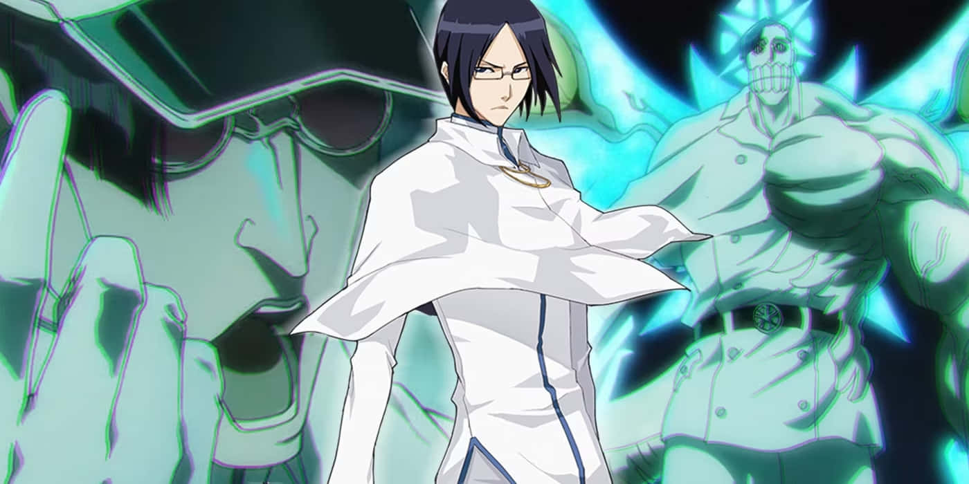 Uryu Ishida, white coat, glowing blue skeletal figures, HD Desktop Wallpaper