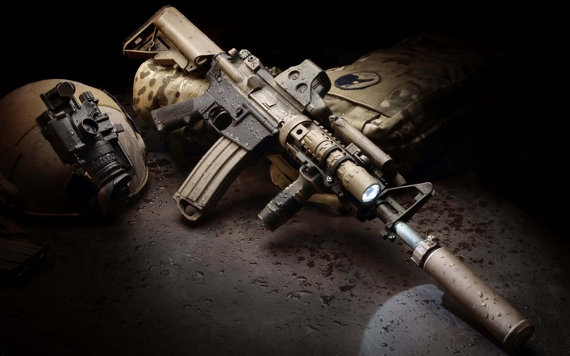 tactical rifle, flashlight, helmet, Full HD Desktop Wallpaper