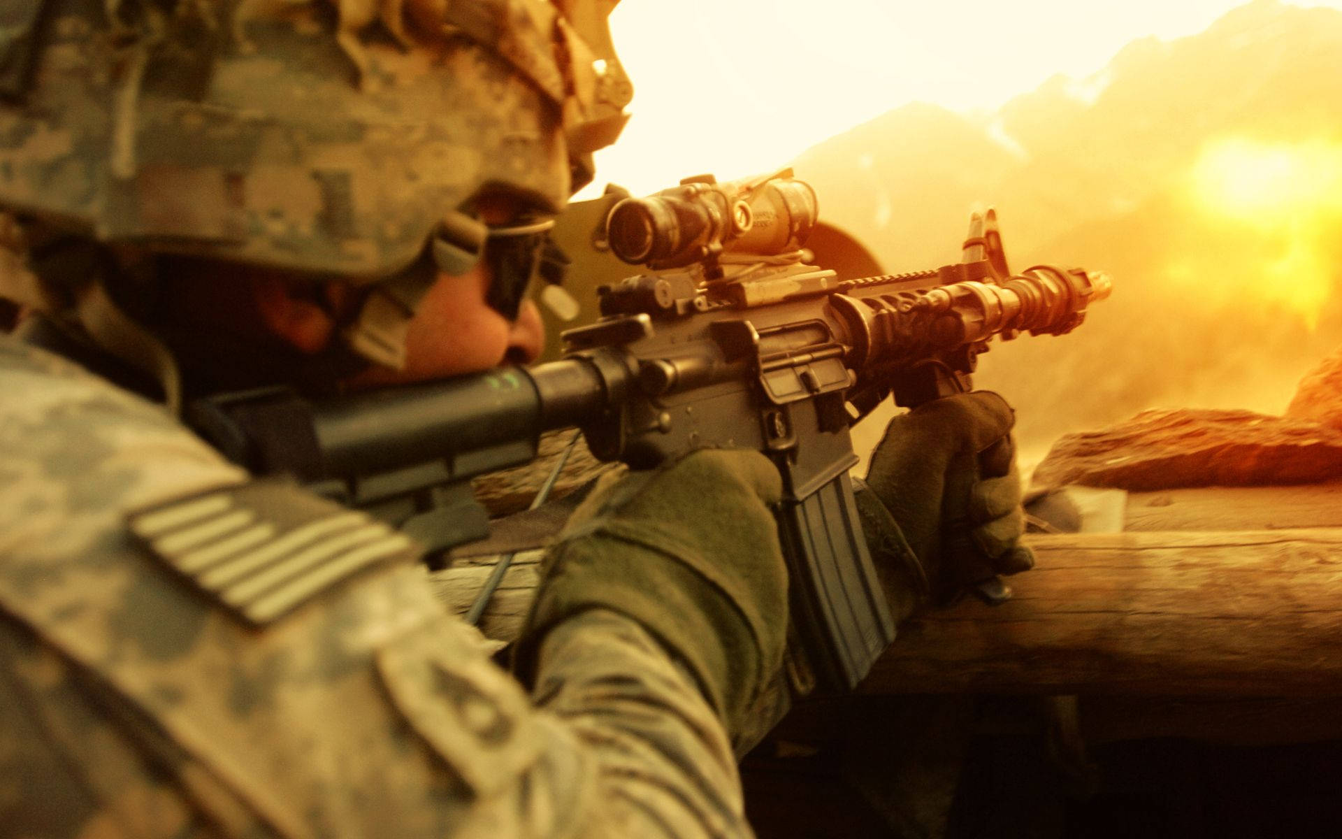 US Army, bright orange muzzle flash, camouflage, Full HD Desktop Wallpaper