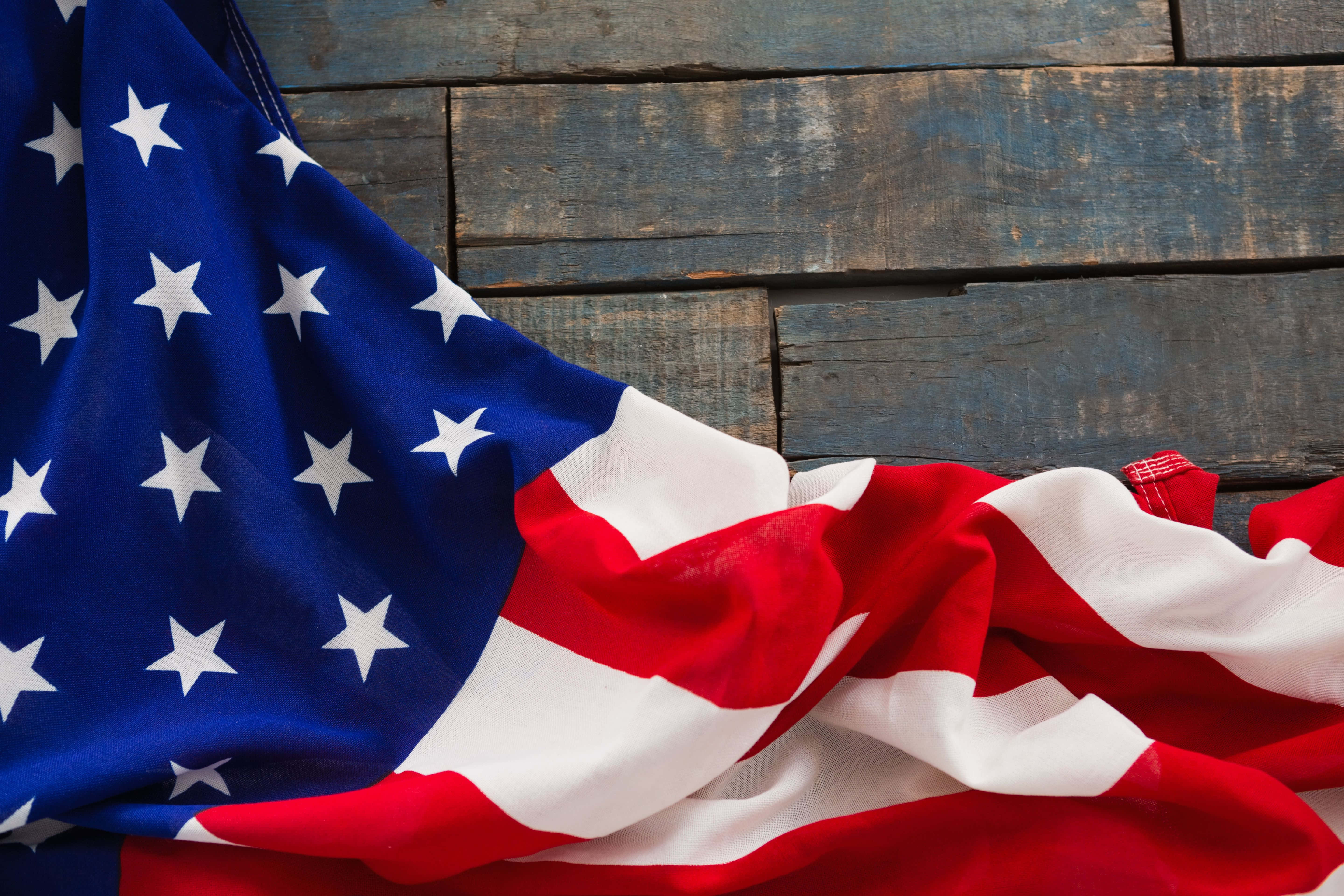 US Flag, stars and stripes, weathered blue wooden planks, 5K Desktop Wallpaper