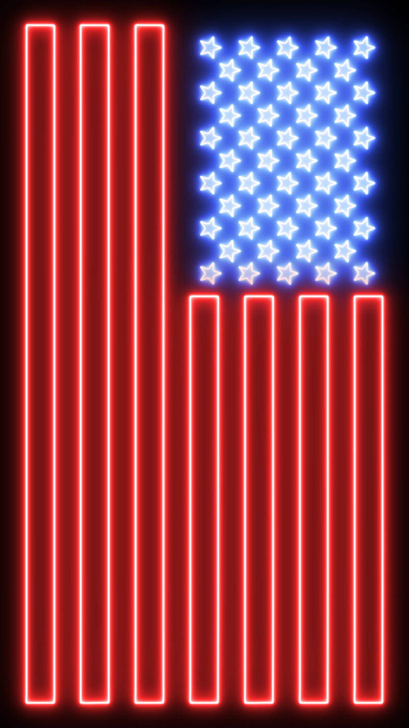 neon illuminated american flag, red stripes, blue field, HD Phone Wallpaper