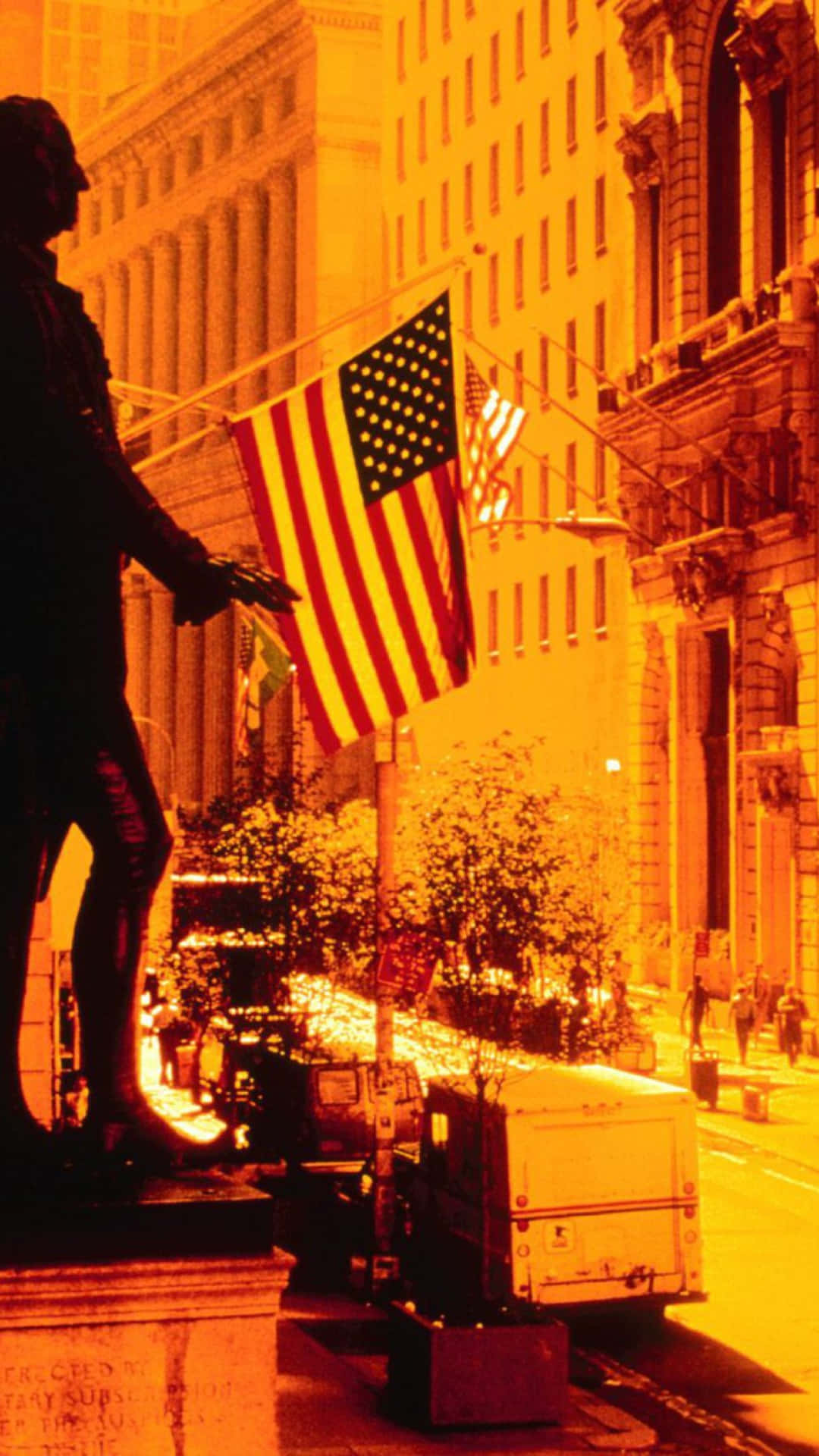 USA iPhone, golden-hued city street, American flags, Full HD Phone Wallpaper
