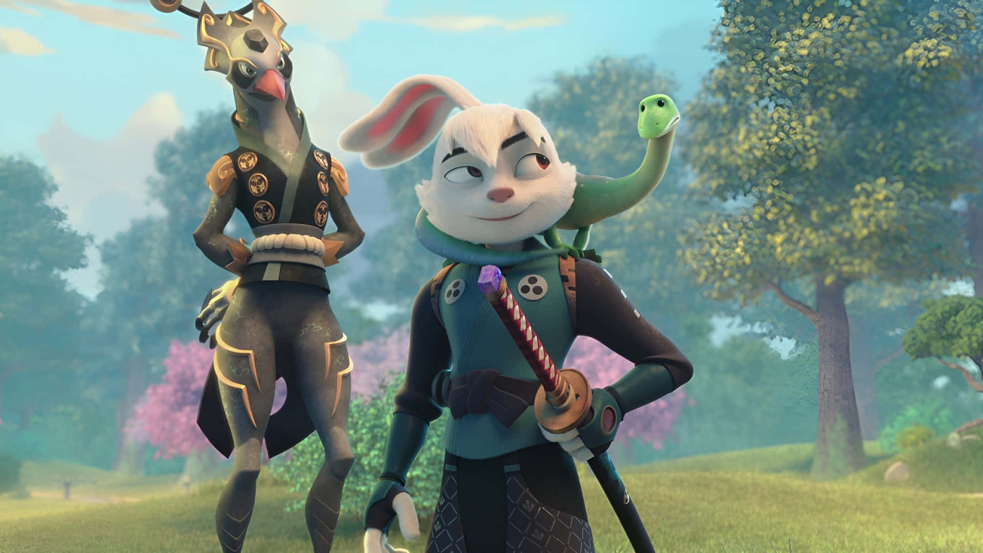 Usagi Yojimbo, white rabbit ninja, green snake companion, Full HD Desktop Wallpaper