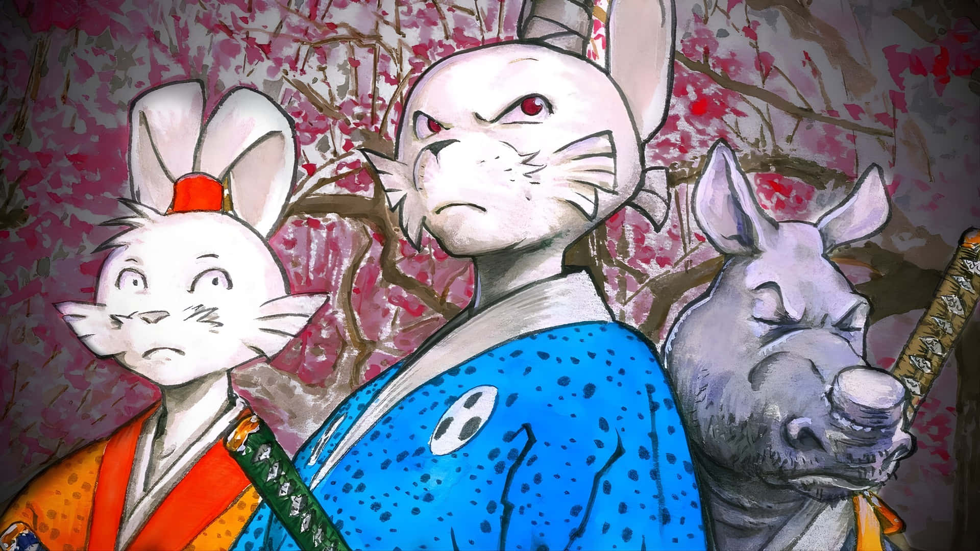 Usagi Yojimbo, samurai attire, cherry blossom tree, Full HD Desktop Wallpaper