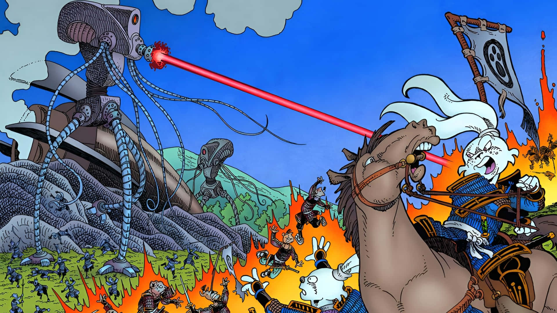 Usagi Yojimbo, giant robot, red laser, Full HD Desktop Wallpaper