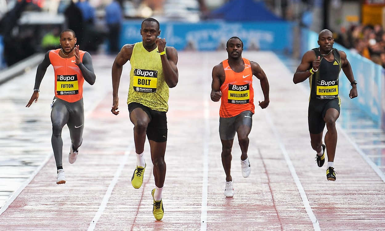 Usain Bolt, sprinters, wet track, SD Desktop Wallpaper