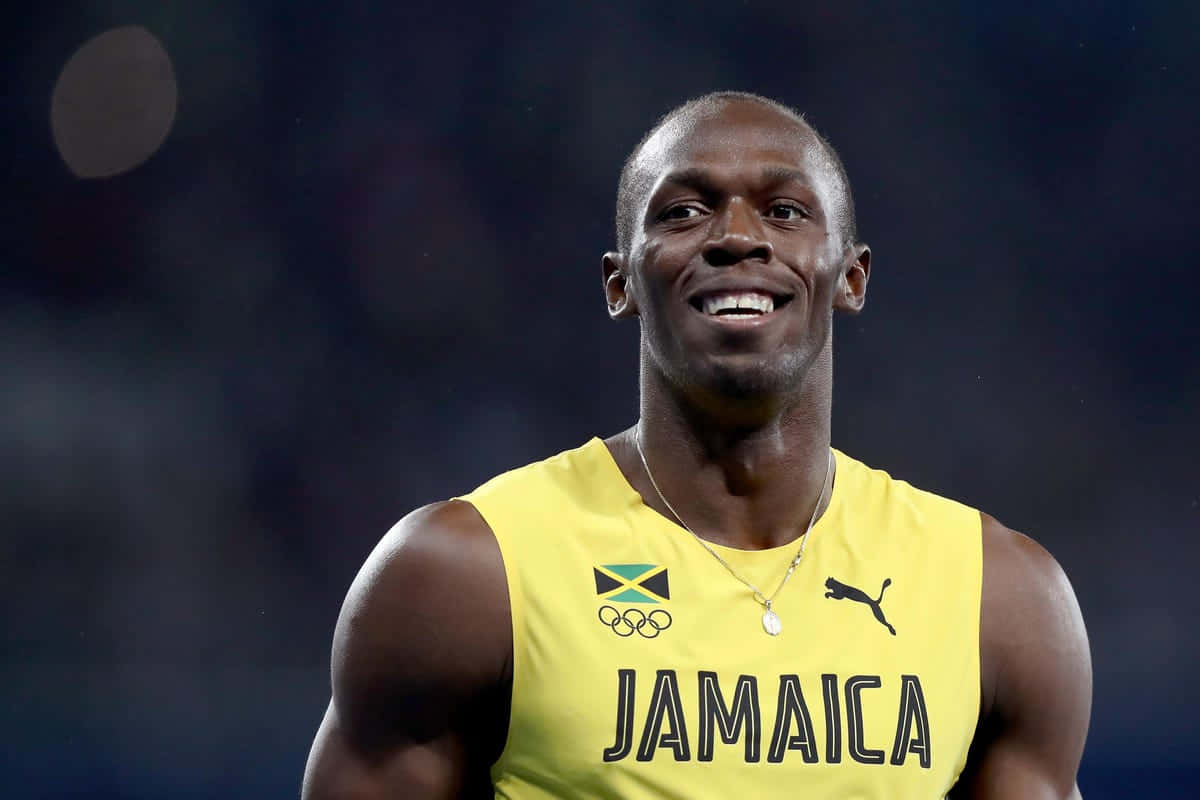 Usain Bolt, vibrant yellow Jamaica Olympic jersey, stadium lights, SD Desktop Wallpaper