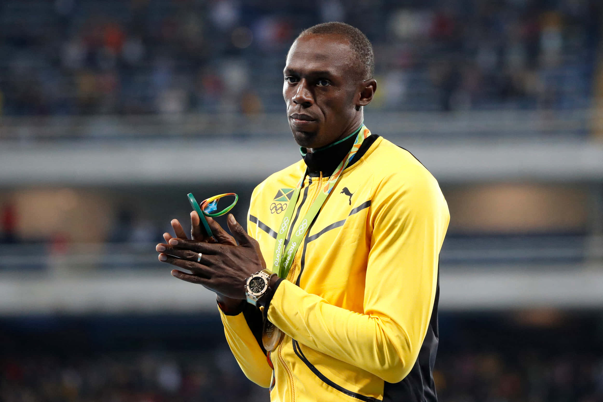 Usain Bolt, yellow Jamaican tracksuit, bronze medal, Full HD Desktop Wallpaper