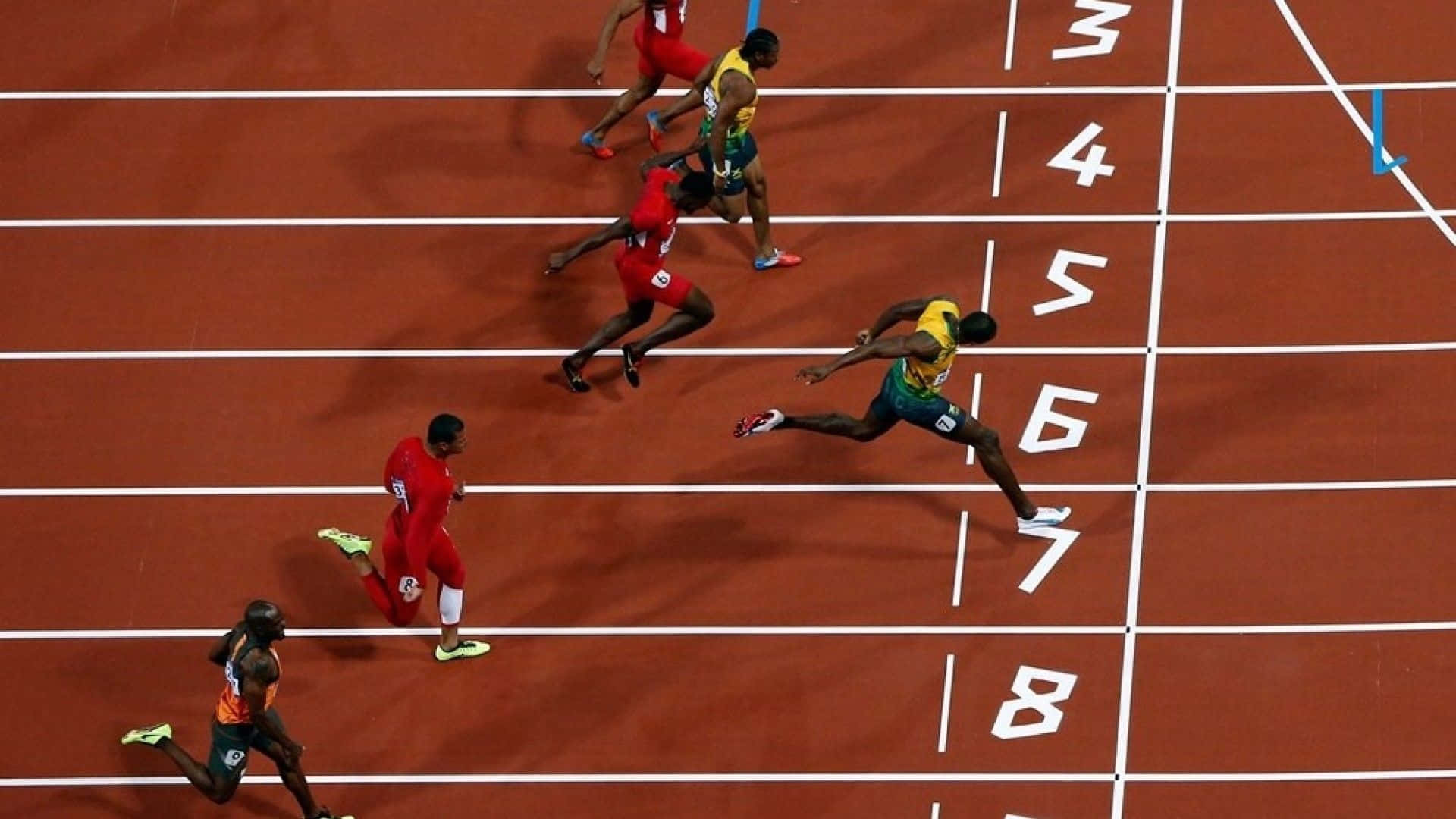 Usain Bolt, red track, white lanes, Full HD Desktop Wallpaper
