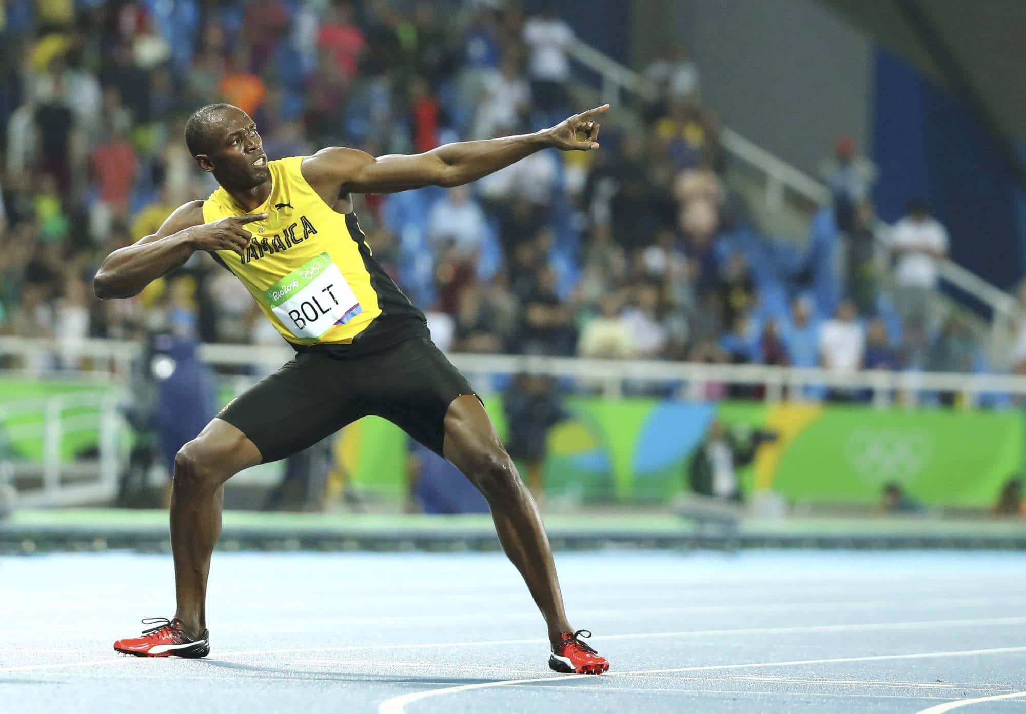Usain Bolt, yellow Jamaica jersey, blue track, Full HD Desktop Wallpaper