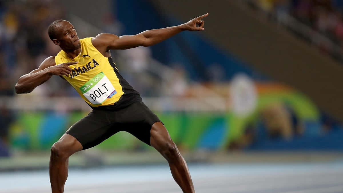 Usain Bolt, yellow Jamaica jersey, signature victory pose, SD Desktop Wallpaper