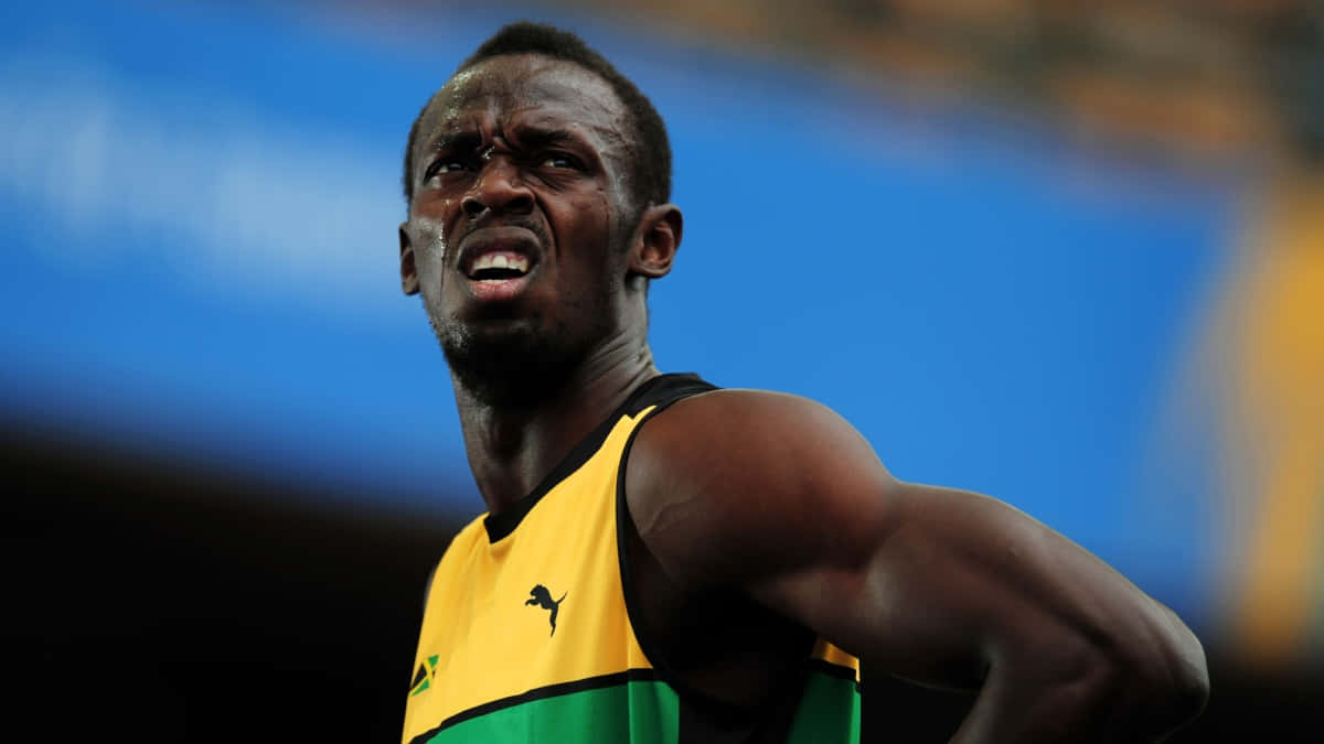 Usain Bolt, yellow green jersey, stadium lights, SD Desktop Wallpaper