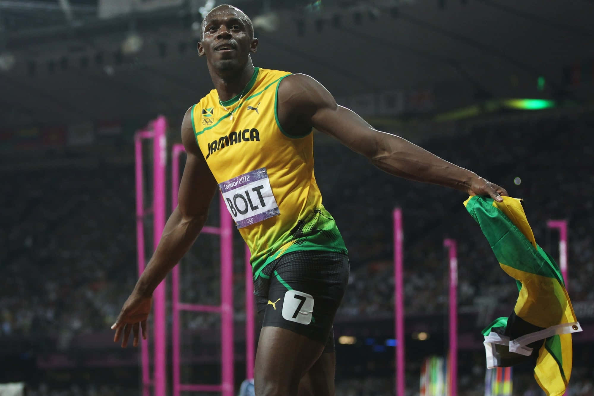 Usain Bolt, yellow green Jamaica jersey, stadium lights, Full HD Desktop Wallpaper
