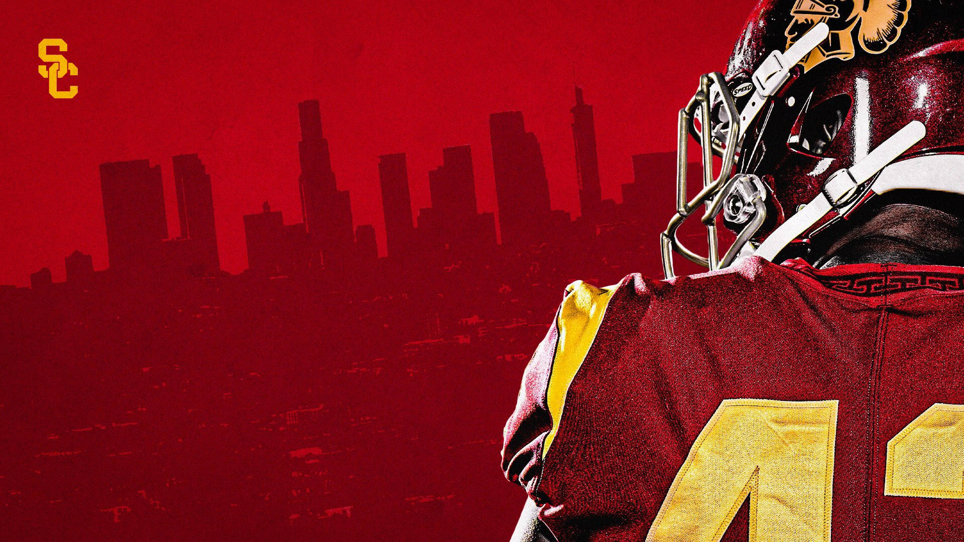 USC Football, maroon and gold uniform, bold red backdrop, Full HD Desktop Wallpaper
