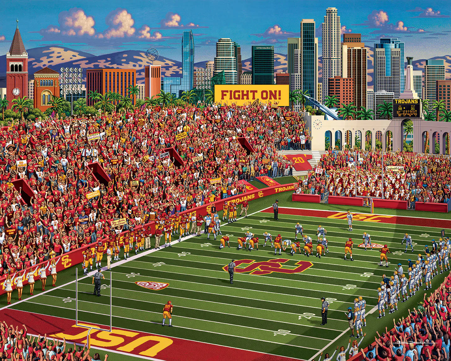 USC Football Stadium, red and gold, sunny blue sky, HD Desktop Wallpaper