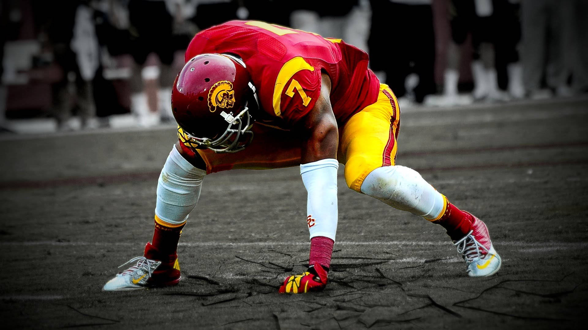 USC Football, red and gold uniform, cracked field, Full HD Desktop Wallpaper