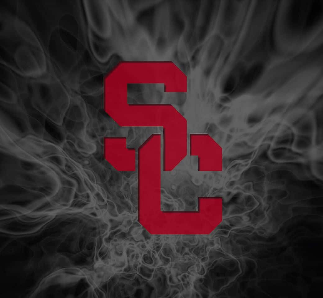 USC Trojans, red interlocking SC logo, swirling gray smoke, SD Desktop Wallpaper