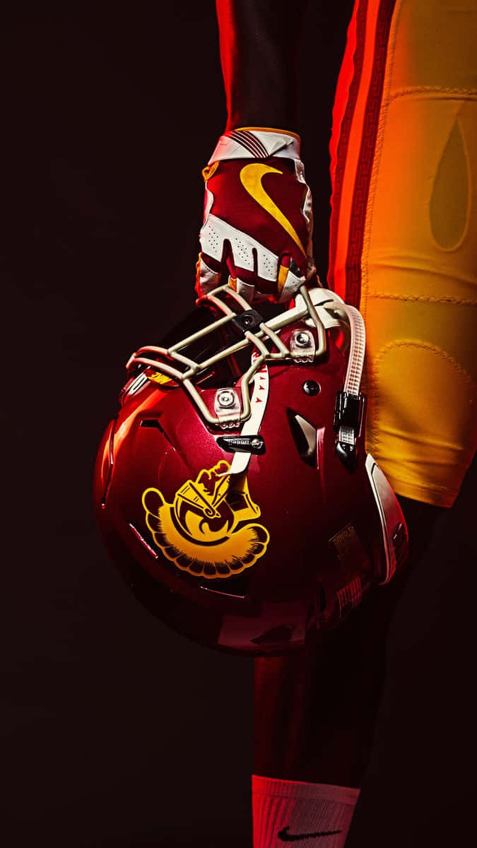 USC Trojans, shiny red football helmet, gold mascot logo, SD Phone Wallpaper
