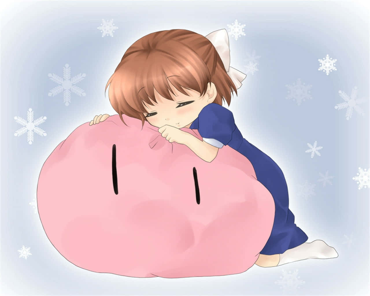 Ushio Okazaki, blue dress, pink plushie, HD Desktop Wallpaper