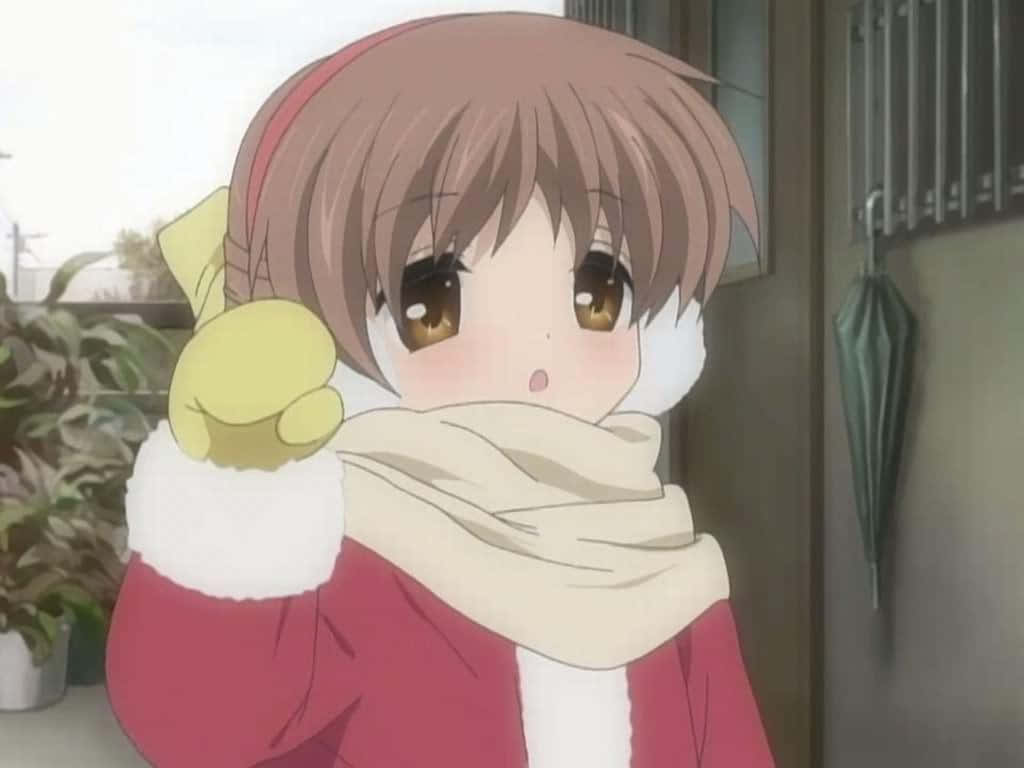 Ushio Okazaki, red winter coat, scarf, SD Desktop Wallpaper