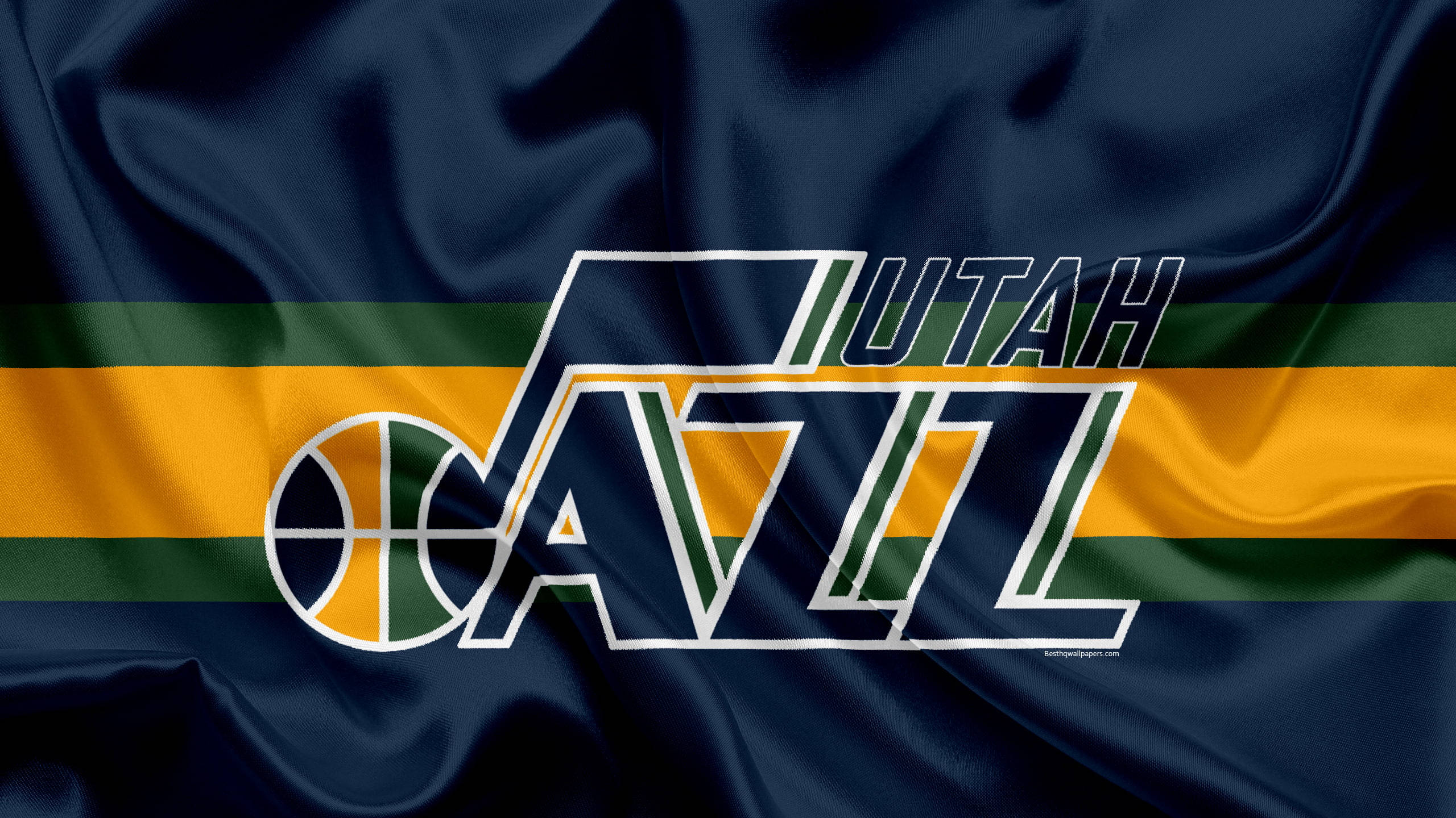 Utah Jazz, dark blue satin flag, bold yellow and green stripes, 2K Desktop Wallpaper