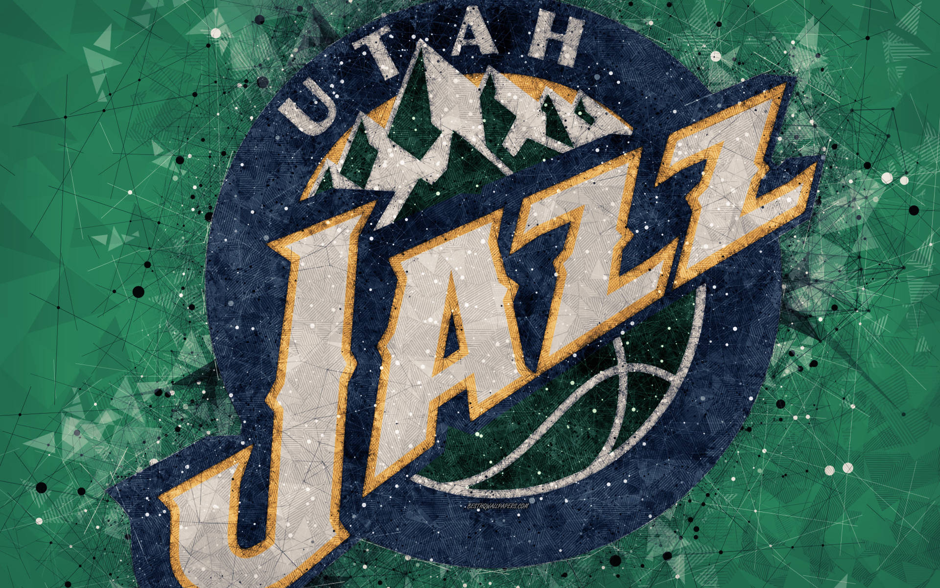 Utah Jazz, green polygon texture, mountain peaks, Full HD Desktop Wallpaper