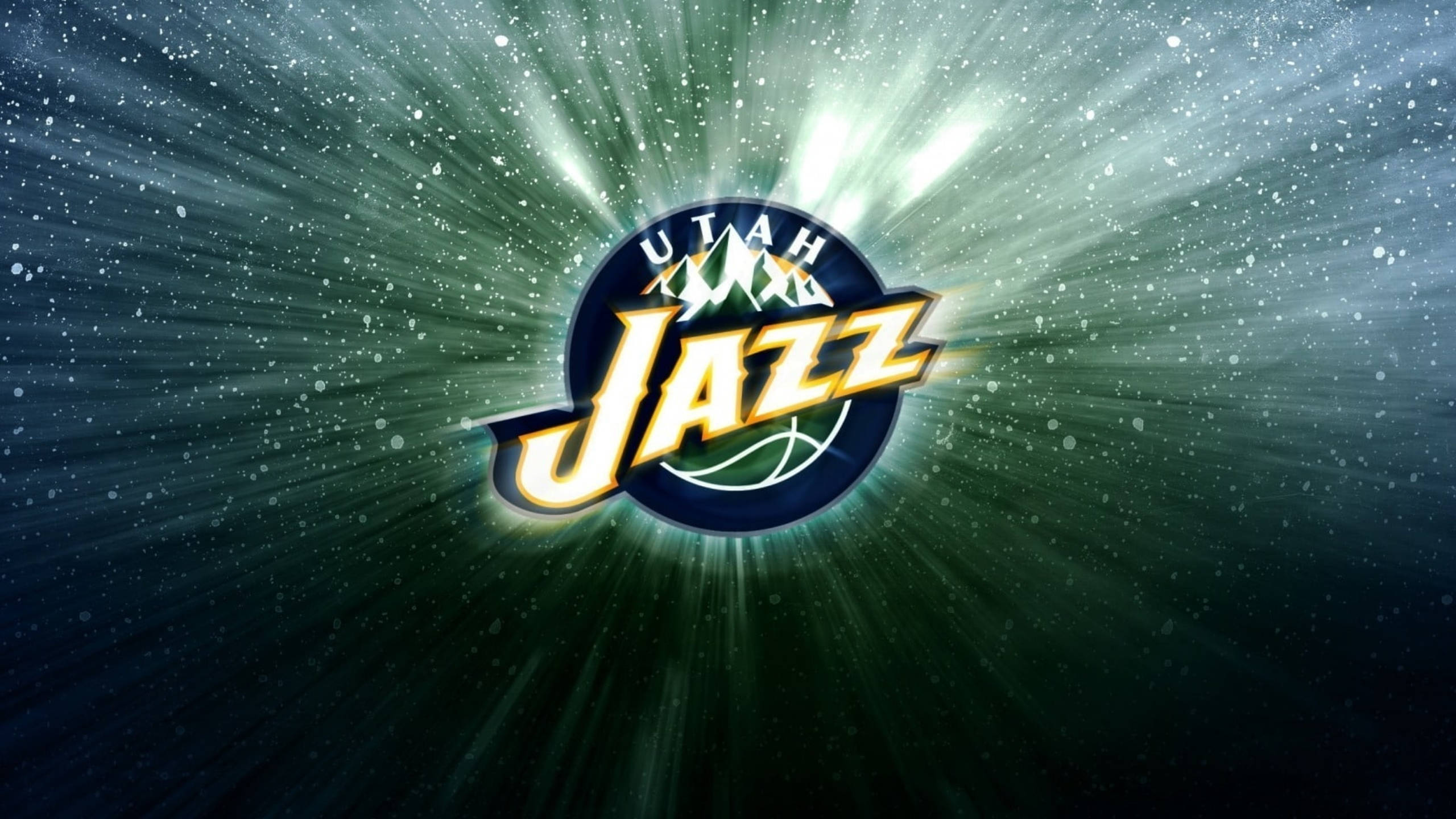 Utah Jazz logo, bright light beams, dark green starry background, 2K Desktop Wallpaper