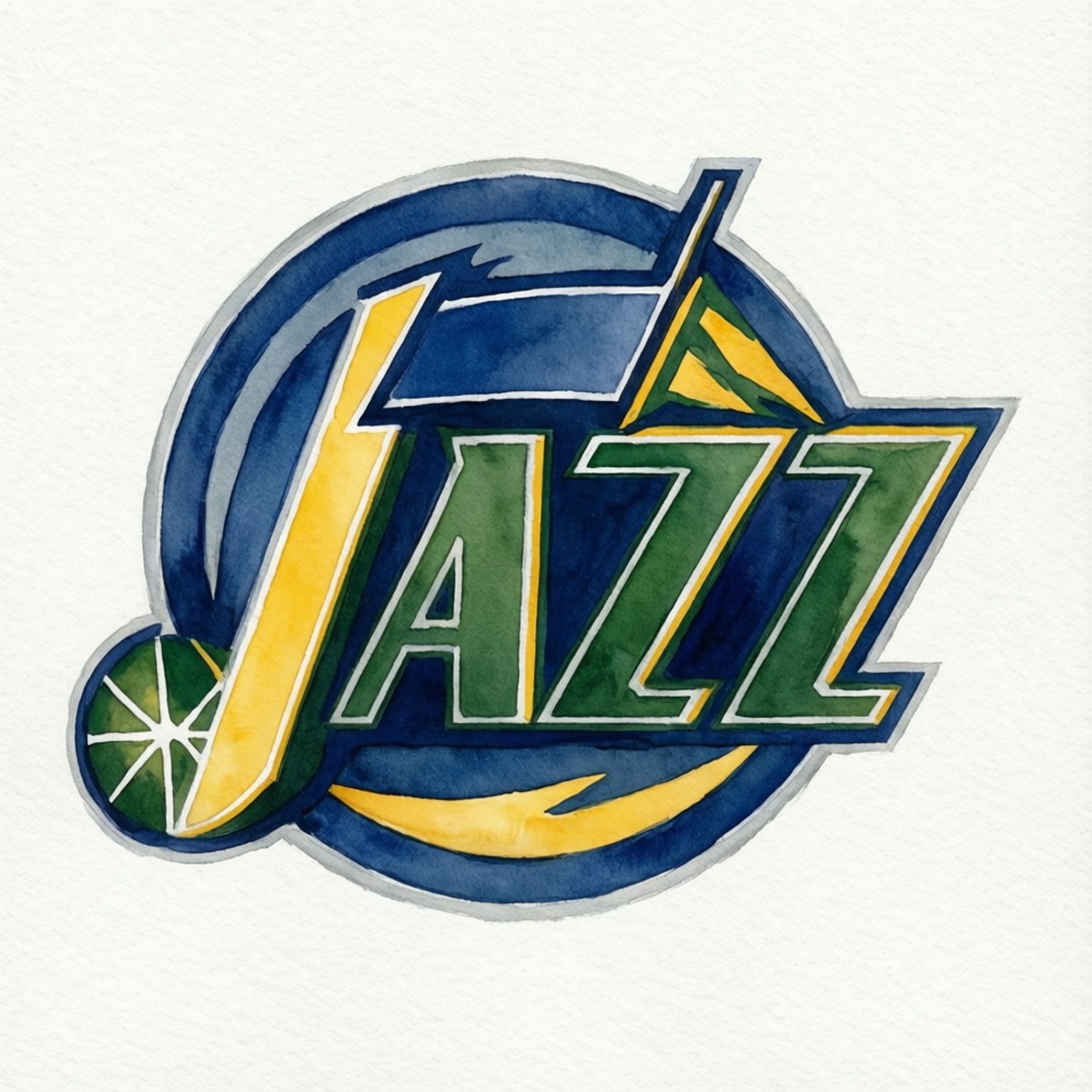 Utah Jazz logo, watercolor rendition, bold green yellow and blue hues, HD Desktop Wallpaper