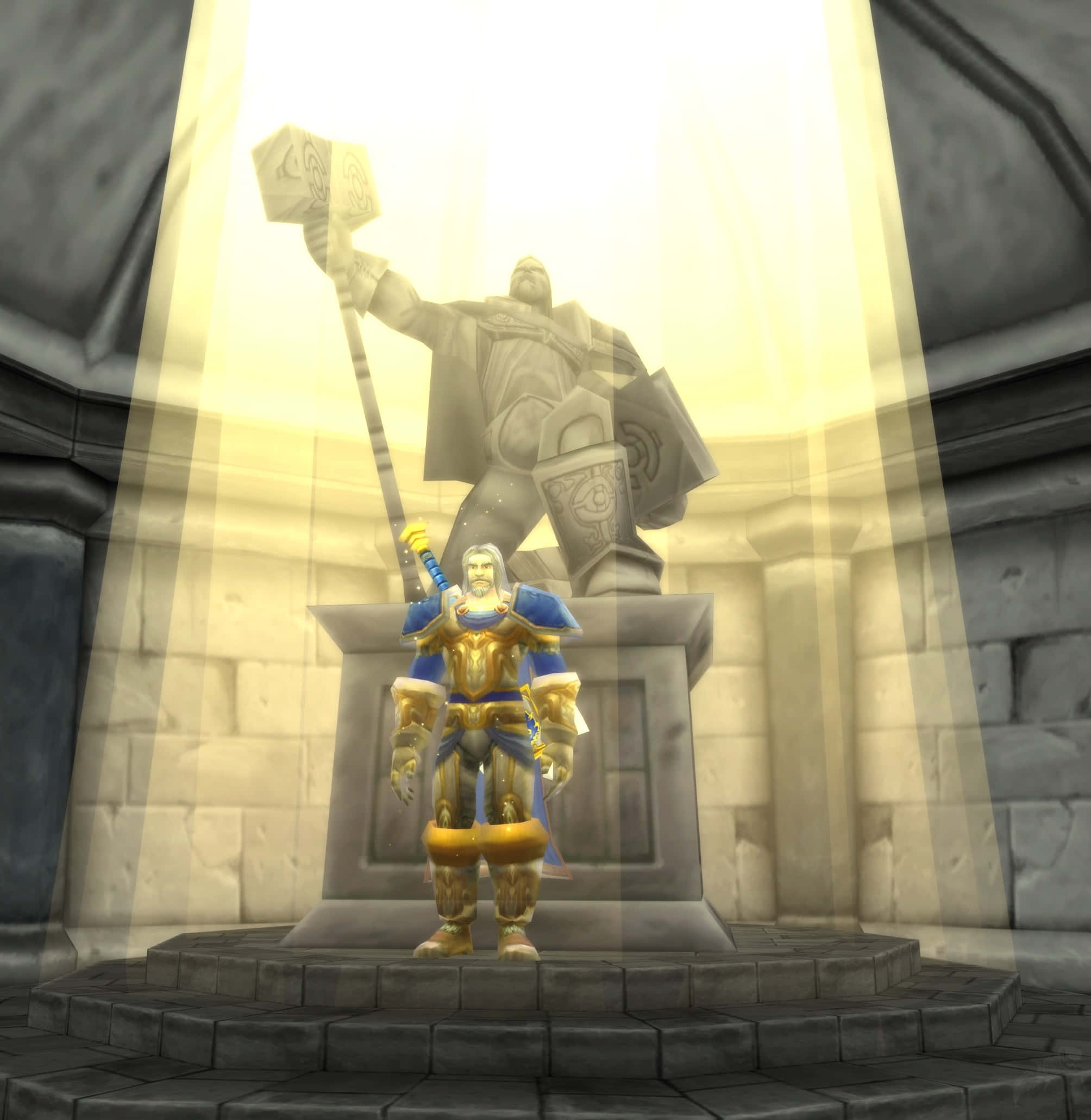 Uther Lightbringer, gold and blue armor, glowing statue, Full HD Phone Wallpaper