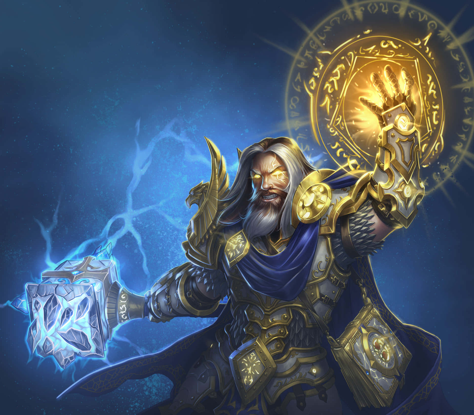 Uther The Lightbringer, golden armor, glowing blue crystal, Full HD Desktop Wallpaper
