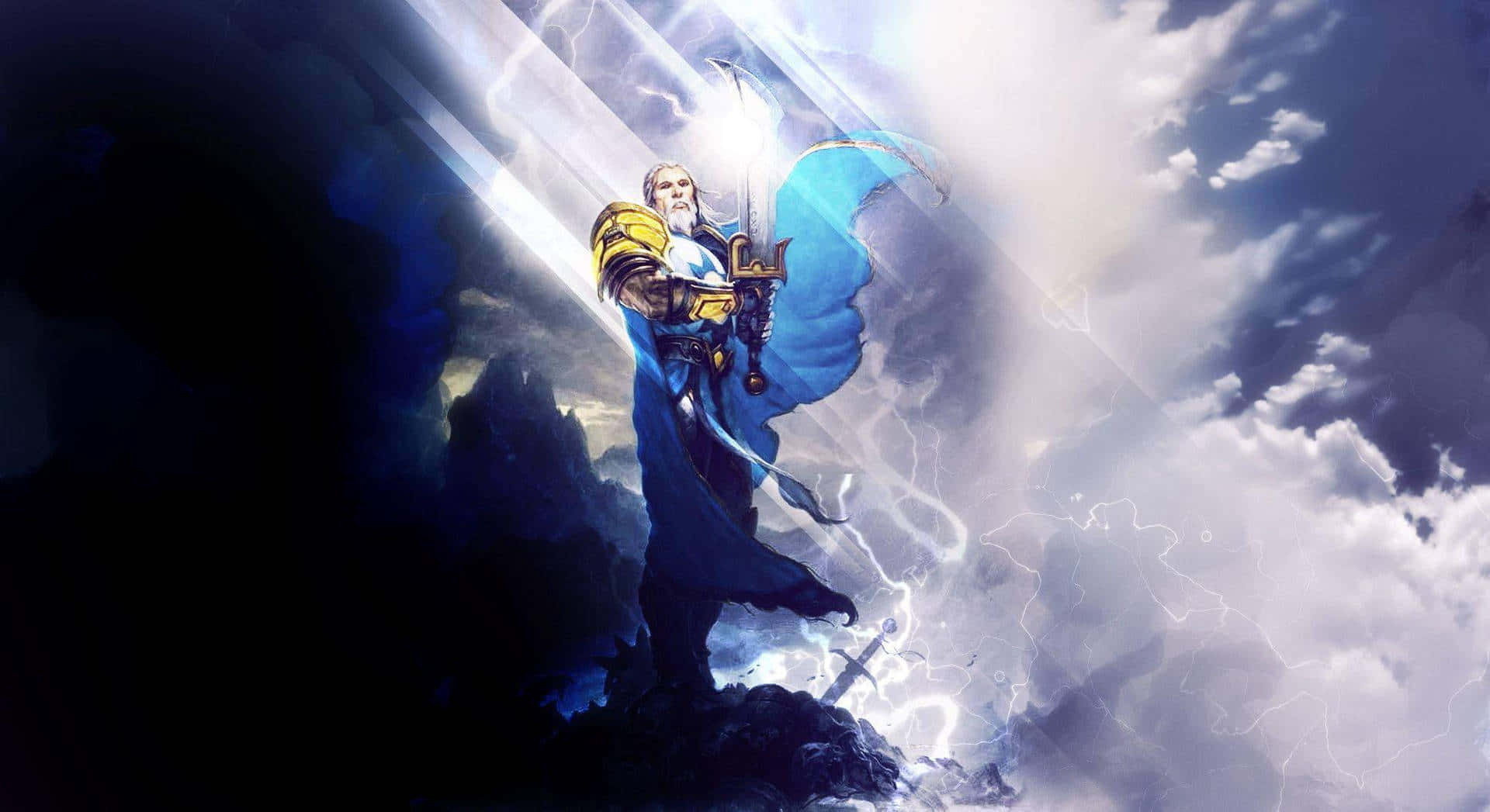 Uther The Lightbringer, blue and gold armor, glowing sword, Full HD Desktop Wallpaper