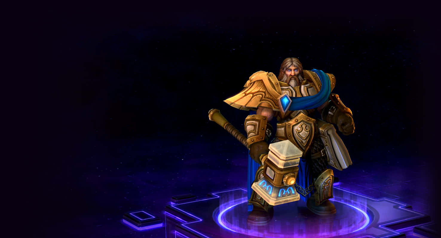 Uther The Lightbringer, golden armor, glowing purple platform, HD Desktop Wallpaper
