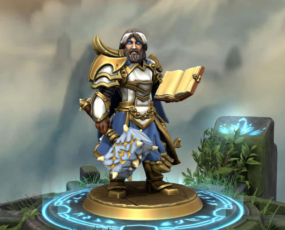 Uther Lightbringer, gold and blue armor, glowing circular platform, SD Desktop Wallpaper