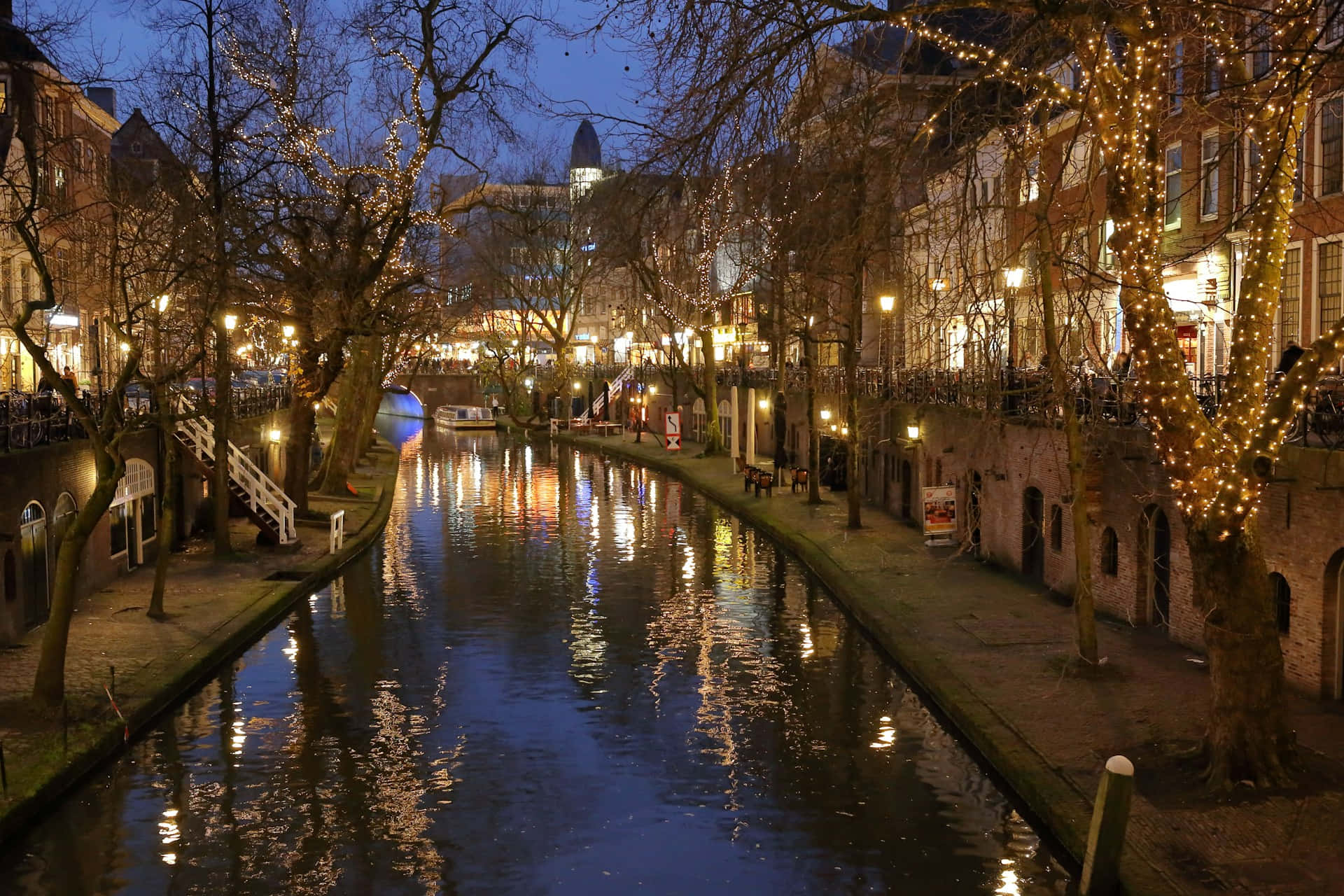 Utrecht, canal, evening lights, Full HD Desktop Wallpaper