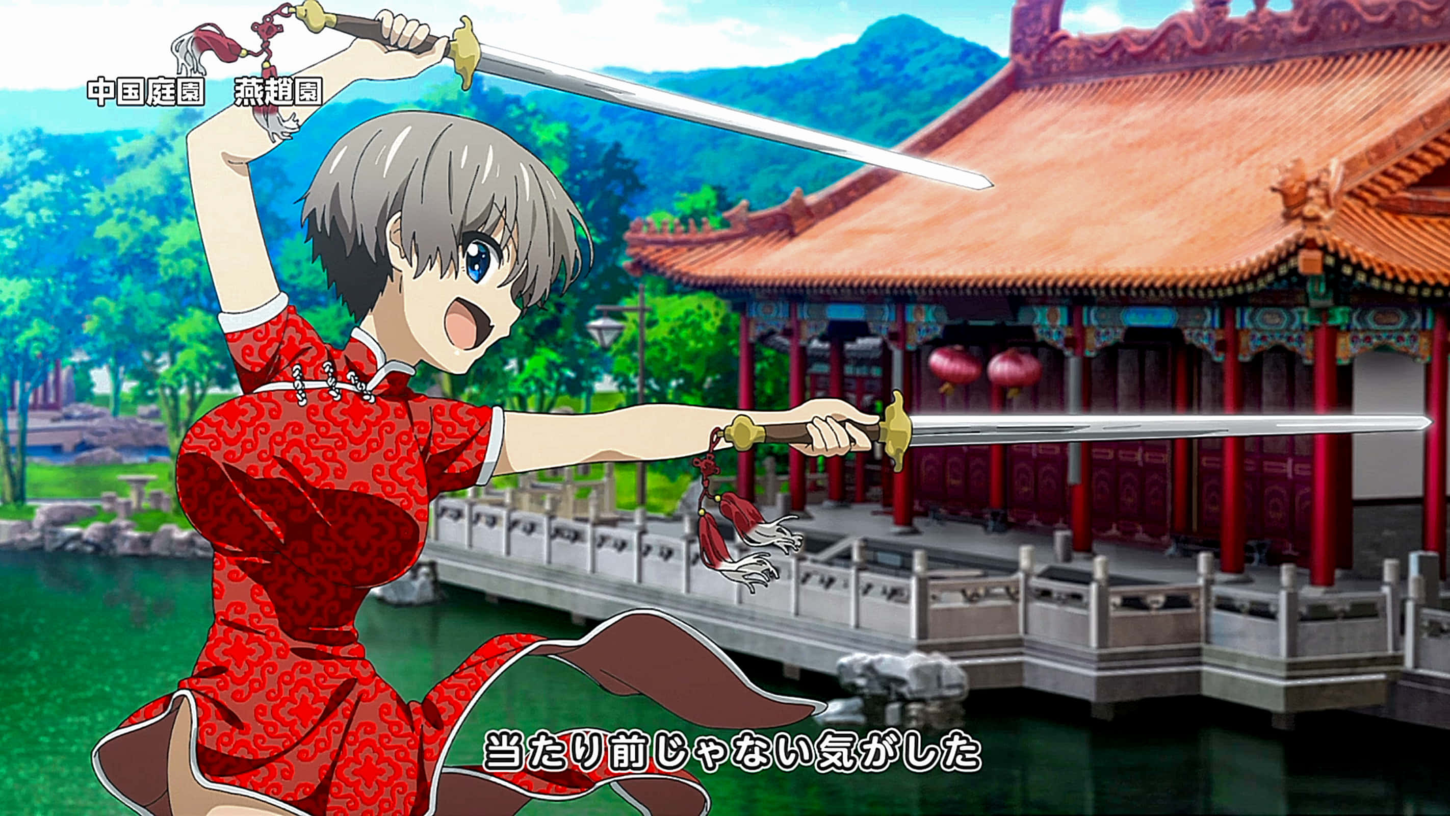 Uzaki Chan, red qipao, two swords, 2K Desktop Wallpaper