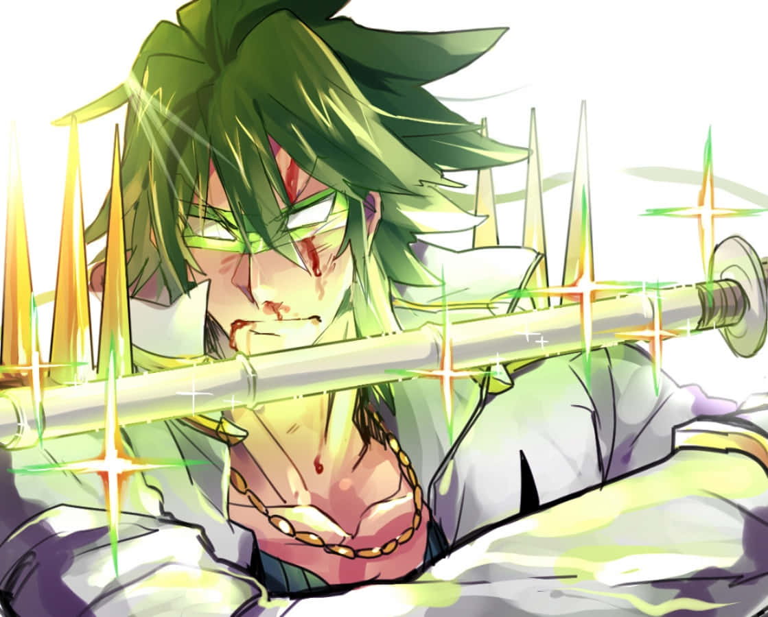 Uzu Sanageyama, green-haired anime warrior, bloodied face, SD Desktop Wallpaper